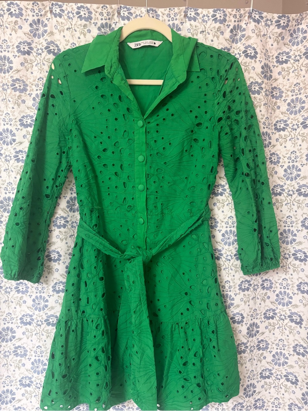 Zara Emerald Green Eyelet Long-Sleeve Shirt Dress